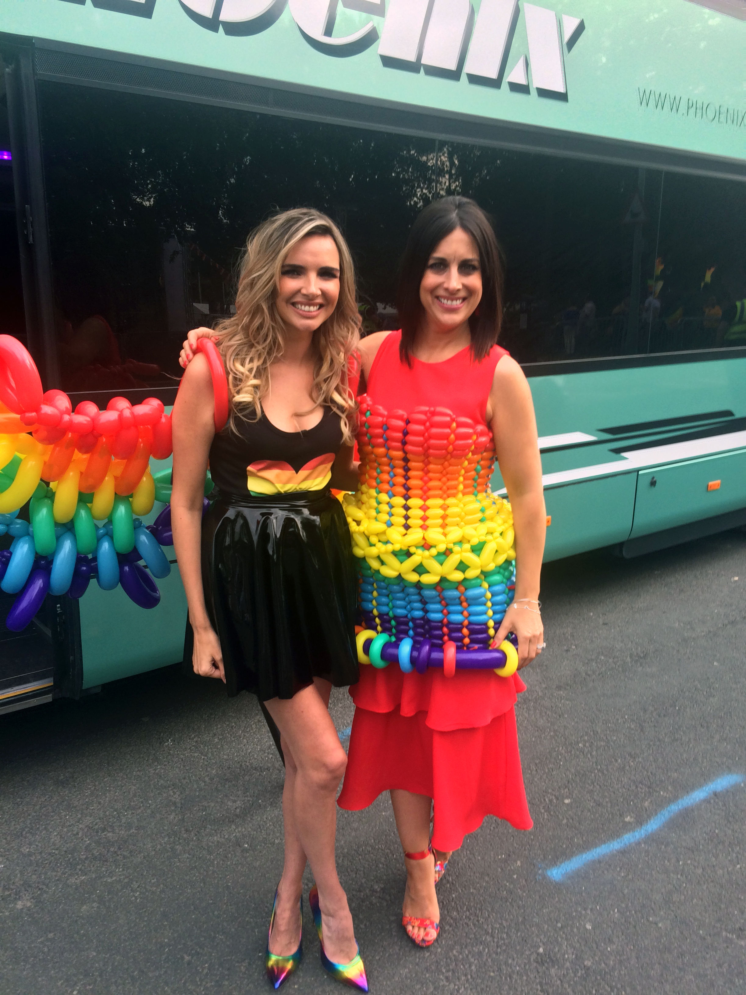 Lucy Kennedy wearing a Designer wAIR dress with Nadine Coyle in wings during filming of Living with Lucy
